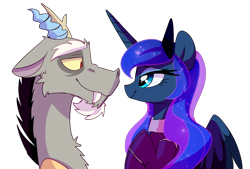 Size: 2480x1677 | Tagged: safe, artist:elementalokami, character:discord, character:princess luna, ship:lunacord, crown, eyeshadow, female, jewelry, lidded eyes, looking at each other, makeup, male, regalia, shipping, simple background, smiling, straight, transparent background