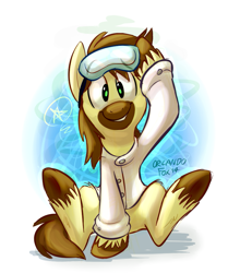 Size: 805x961 | Tagged: source needed, useless source url, safe, artist:thedoggygal, oc, oc only, oc:calpain, species:earth pony, species:pony, clothing, cute, goggles, lab coat, looking at you, ocbetes, sitting, solo, unshorn fetlocks