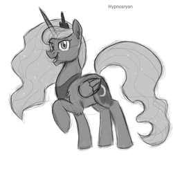 Size: 1700x1700 | Tagged: safe, artist:hypno, character:princess luna, species:alicorn, species:pony, female, grayscale, looking at you, monochrome, raised hoof, simple background, sketch, smiling, solo, white background