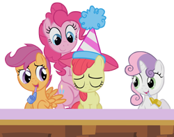 Size: 3500x2769 | Tagged: safe, artist:dipi11, character:apple bloom, character:pinkie pie, character:scootaloo, character:sweetie belle, species:pegasus, species:pony, episode:the cutie pox, g4, my little pony: friendship is magic, clothing, cutie mark crusaders, hat, party hat, party horn, sad, simple background, transparent background, vector