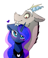 Size: 1599x1928 | Tagged: safe, artist:elementalokami, character:discord, character:princess luna, species:alicorn, species:draconequus, species:pony, ship:lunacord, blushing, female, heart, male, shipping, simple background, straight, transparent background