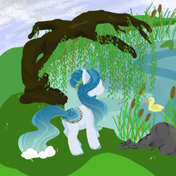 Size: 2000x2000 | Tagged: safe, artist:hirundoarvensis, oc, oc only, oc:willow, species:duck, species:pony, female, high res, lake, mare, original species, pond pony, solo, tree