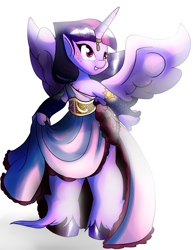 Size: 2111x2740 | Tagged: safe, artist:heyerika, character:twilight sparkle, character:twilight sparkle (alicorn), species:alicorn, species:anthro, species:pony, species:unguligrade anthro, alternate hairstyle, cleavage, clothing, dress, female, horn ring, looking at something, smiling, solo, spread wings, unshorn fetlocks, wings