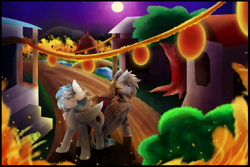 Size: 1500x1000 | Tagged: safe, artist:cloud-drawings, oc, oc only, oc:cirrus sky, species:hippogriff, species:pegasus, species:pony, blood, building, commission, ear piercing, fire, full moon, hybrid, injured, male, moon, night, path, piercing, scar, serious, serious face, stallion, town, tree