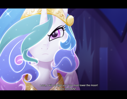 Size: 944x736 | Tagged: safe, artist:gamblingfoxinahat, character:princess celestia, episode:princess twilight sparkle, g4, my little pony: friendship is magic, castle of the royal pony sisters, female, frown, hair over one eye, scene interpretation, solo, stoic, text
