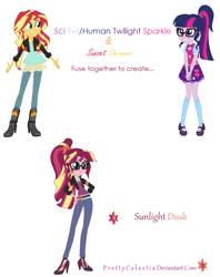 Size: 952x1202 | Tagged: safe, artist:prettycelestia, character:sunset shimmer, character:twilight sparkle, character:twilight sparkle (scitwi), species:eqg human, my little pony:equestria girls, boots, bow tie, clothing, fusion, glasses, high heel boots, high heels, jacket, leather jacket, mary janes, necktie, ponytail, shoes, skirt, socks