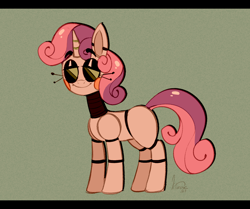 Size: 1476x1234 | Tagged: safe, artist:littmosa, character:sweetie belle, species:pony, species:unicorn, sweetie bot, blank flank, eyelashes, female, filly, foal, hooves, horn, looking away, robot, robot pony, smiling, solo