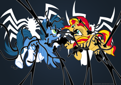 Size: 1609x1133 | Tagged: safe, artist:gamerpen, character:sunset shimmer, oc, oc:mix-up, species:pony, crossover, date, marvel comics, symbiote, vector, venom