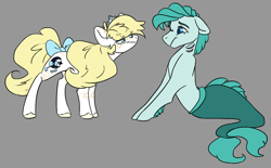 Size: 1600x989 | Tagged: safe, artist:torusthescribe, oc, oc only, oc:beauregard, oc:duchess, oc:freckles, parent:applejack, parent:prince blueblood, parents:bluejack, species:earth pony, species:pony, bow, female, freckles, gills, male, mare, merpony, offspring, simple background, tail bow