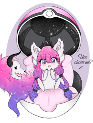 Size: 974x1280 | Tagged: safe, artist:niniibear, oc, oc only, blushing, chibi, commission, crossover, cute, ear fluff, excited, fluffy, galaxy, happy, horn, horns, pillow, pink, pink hair, pokéball, pokémon, purple, skull, skull tail, smiling, solo, sparkles, stars, ych result