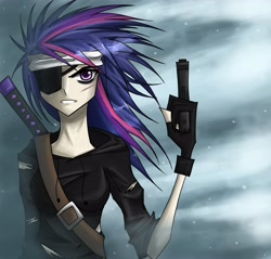 Size: 3302x3152 | Tagged: safe, artist:tao-mell, character:twilight sparkle, species:human, bandage, eyepatch, female, future twilight, gun, high res, humanized, looking at you, solo, weapon