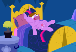 Size: 1000x696 | Tagged: safe, artist:nitei, character:twilight sparkle, character:twilight sparkle (alicorn), species:alicorn, species:pony, adorkable, bed, book, cute, dork, facebooking, female, majestic as fuck, mare, on back, open mouth, sleeping, snoring, solo