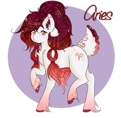 Size: 1280x1250 | Tagged: safe, artist:niniibear, oc, oc only, species:ram, aries, blushing, chest fluff, ear fluff, ethereal mane, fluffy tail, galaxy mane, gold, happy, horn, horns, horoscope, horoscope inspired, red, red hooves, simple background, smiling, solo, transparent background, unshorn fetlocks, walk, walking, zodiac, zodiac sign