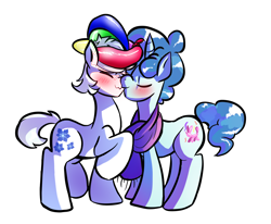 Size: 2558x2110 | Tagged: safe, artist:heyerika, character:double diamond, character:party favor, species:earth pony, species:pony, species:unicorn, :3, balloon, blushing, cute, cutie mark, gay, kissing, male, partydiamond, raised hoof, shipping, simple background, stallion, white background