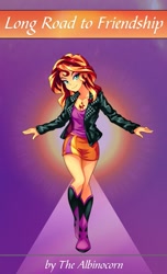 Size: 621x1024 | Tagged: safe, artist:semehammer, edit, character:sunset shimmer, fanfic:long road to friendship, my little pony:equestria girls, boots, clothing, fanfic, fanfic art, fanfic cover, female, high heel boots, jacket, leather jacket, looking at you, skirt, solo