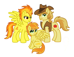 Size: 1024x796 | Tagged: safe, artist:melspyrose, character:braeburn, character:spitfire, oc, oc:electra volt, parent:braeburn, parent:spitfire, parents:spitburn, crack shipping, family, female, male, offspring, shipping, simple background, spitburn, straight, white background