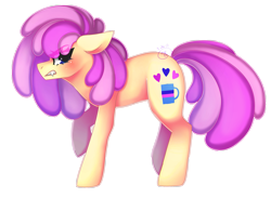 Size: 1831x1343 | Tagged: safe, artist:starshame, oc, oc only, oc:vanilla swirl, species:earth pony, species:pony, angry, art trade, blushing, cute, cutie mark, eye clipping through hair, fangs, female, floppy ears, fluffy hair, gritted teeth, looking at you, missing accessory, outline, raised hoof, simple background, solo, teeth, transparent background