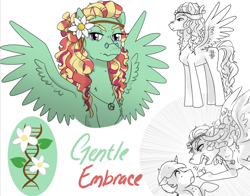 Size: 910x712 | Tagged: safe, artist:gamblingfoxinahat, oc, oc only, oc:gentle embrace, parent:tree hugger, parent:zephyr breeze, parents:zephyrhugger, species:pegasus, species:pony, angry, bushy brows, bust, female, flower, flower in hair, glasses, mare, offspring, spread wings, thick eyebrows, wings