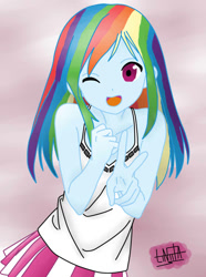 Size: 771x1036 | Tagged: safe, artist:liniitadash23, character:rainbow dash, my little pony:equestria girls, anime, clothing, cute, female, moe, one eye closed, open mouth, peace sign, pleated skirt, skirt, solo, tank top, trace, wink