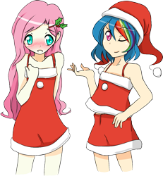 Size: 853x922 | Tagged: safe, artist:applestems, character:fluttershy, character:rainbow dash, species:human, blushing, christmas, clothing, dress, duo, duo female, female, hat, holiday, holly, humanized, santa hat, simple background, skirt, transparent background