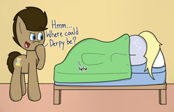 Size: 1216x783 | Tagged: safe, artist:techreel, character:derpy hooves, character:doctor whooves, character:time turner, species:pegasus, species:pony, ship:doctorderpy, bed, blanket, female, hand on chin, hide and seek, hiding, male, mare, pillow, shipping, straight, under blanket