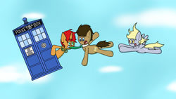 Size: 1920x1080 | Tagged: safe, artist:techreel, character:derpy hooves, character:doctor whooves, character:time turner, oc, oc:tick tock, species:earth pony, species:pegasus, species:pony, species:unicorn, cloud, crossover, doctor who, doctor whooves and assistant, falling, female, male, mare, sky, stallion, tardis, the doctor