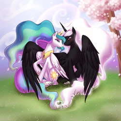 Size: 700x700 | Tagged: safe, artist:shinepawpony, character:princess celestia, oc, species:alicorn, species:pony, alicorn oc, blushing, canon x oc, crown, donut steel, eye contact, female, hug, jewelry, looking at each other, male, mare, necklace, raised hoof, regalia, shipping, sitting, spread wings, stallicorn, stallion, straight, winghug, wings
