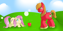 Size: 3000x1500 | Tagged: safe, artist:applestems, character:big mcintosh, character:fluttershy, species:earth pony, species:pegasus, species:pony, ship:fluttermac, apple, blushing, female, food, grass, male, mare, prone, shipping, stallion, straight