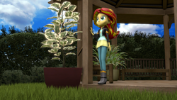 Size: 1920x1080 | Tagged: safe, artist:gbrushandpaint, character:sunset shimmer, my little pony:equestria girls, 3d, boots, clothing, female, garden, high heel boots, jacket, leather jacket, looking at something, looking up, pants, solo