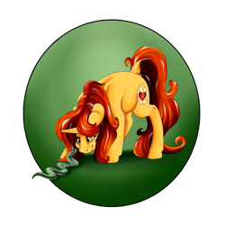 Size: 1024x1024 | Tagged: safe, artist:crecious, oc, oc only, oc:cinderheart, species:pony, species:unicorn, belly, cute, golden eyes, pet, pet oc, simple background, smiling, snake, solo