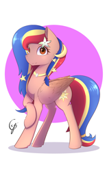 Size: 1200x1920 | Tagged: safe, artist:laptop-pone, oc, oc only, oc:pearl shine, species:pegasus, species:pony, nation ponies, female, flower, hairband, jewelry, looking at you, mare, mascot, moon, necklace, philippines, ponified, raised hoof, signature, simple background, smiling, solo, stars, white background
