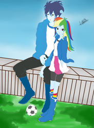Size: 1105x1509 | Tagged: safe, artist:liniitadash23, character:rainbow dash, character:soarin', ship:soarindash, my little pony:equestria girls, boots, clothing, compression shorts, cute, female, football, grass, hand in pocket, jacket, male, shipping, shorts, skirt, socks, straight