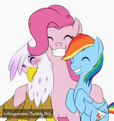 Size: 1214x1289 | Tagged: safe, artist:loboguerrero, character:gilda, character:pinkie pie, character:rainbow dash, species:griffon, blushing, eyes closed, grin, group hug, hug, simple background, smiling