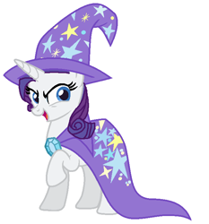 Size: 653x701 | Tagged: safe, artist:diana173076, character:rarity, accessory swap, cape, clothing, female, hat, raised hoof, simple background, solo, the great and powerful, trixie's cape, trixie's hat, white background