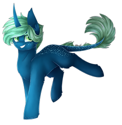 Size: 1666x1708 | Tagged: safe, artist:cloud-drawings, oc, oc only, oc:spirit moss, species:dracony, species:pony, species:unicorn, commission, freckles, green eyes, hybrid, male, raised leg, simple background, solo, stallion, transparent background