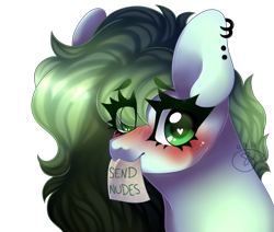 Size: 1024x870 | Tagged: safe, artist:starshame, oc, oc only, species:pony, blushing, dog lip, ear piercing, earring, female, jewelry, looking at you, mare, mouth hold, note, piercing, send nudes, simple background, solo, transparent background, we don't normally wear clothes