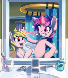 Size: 3332x3787 | Tagged: safe, artist:ligerstorm, character:amethyst star, character:dinky hooves, character:sparkler, species:pony, bathroom, brushing, hand soap, levitation, magic, mirror, open mouth, sink, teaching, telekinesis, toothbrush, water