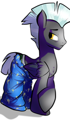 Size: 2121x3771 | Tagged: safe, artist:heyerika, character:thunderlane, species:pegasus, species:pony, clothing, looking back, male, pajamas, simple background, solo, stallion, tail wrap, tired, underwear