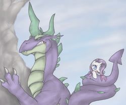 Size: 958x802 | Tagged: safe, artist:soulspade, character:rarity, character:spike, species:dragon, species:pony, species:unicorn, climbing, duo, female, greed spike, male, mare, spikezilla