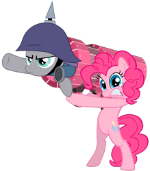 Size: 1038x1186 | Tagged: safe, artist:brony-works, artist:maximillianveers, character:maud pie, character:pinkie pie, species:earth pony, species:pony, episode:maud pie, g4, my little pony: friendship is magic, bipedal, cannon, cannon ponies, female, mare, pickelhaube, pinkie launcher, rocket launcher, simple background, transparent background, vector