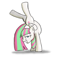 Size: 1280x1280 | Tagged: safe, artist:scherzo, character:blossomforth, species:pony, backbend, contortion, contortionist, female, flexible, looking at you, mare, simple background, smiling, solo, that pony sure is flexible, white background