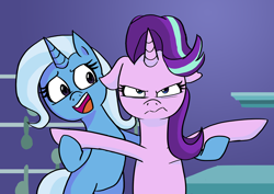 Size: 1280x905 | Tagged: safe, artist:gintoki23, character:starlight glimmer, character:trixie, species:pony, species:unicorn, episode:all bottled up, g4, my little pony: friendship is magic, angry, floppy ears, scene interpretation, starlight is not amused, trixie's puppeteering, unamused