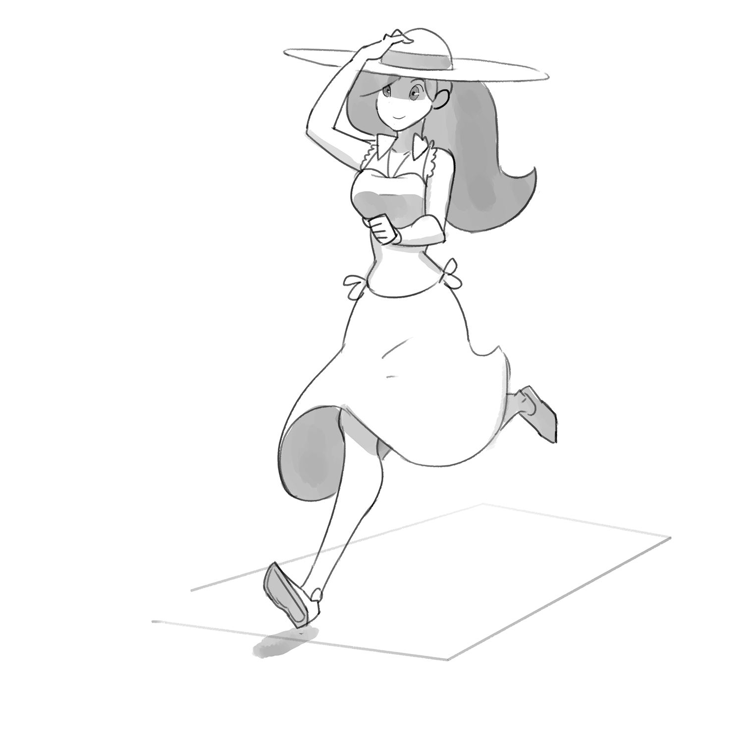 Size: 1500x1500 | Tagged: safe, artist:oughta, character:fluttershy, species:human, animated, bouncing, bouncing breasts, breasts, busty fluttershy, clothing, female, frame by frame, gif, hat, humanized, monochrome, run cycle, running, skirt, solo, sun hat