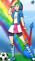 Size: 1000x1747 | Tagged: safe, artist:liniitadash23, character:rainbow dash, species:human, my little pony:equestria girls, boots, bracelet, clothing, electric guitar, female, football, guitar, human coloration, jewelry, looking at you, multicolored hair, rainbow, smiling, socks, solo, standing, wristband