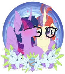 Size: 1894x2166 | Tagged: safe, artist:cloud-drawings, character:moondancer, character:twilight sparkle, character:twilight sparkle (alicorn), species:alicorn, species:pony, species:unicorn, ship:twidancer, blushing, eyes closed, female, glasses, hug, kissing, lesbian, mare, nuzzling, shipping, smiling