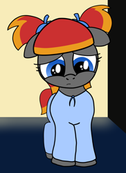 Size: 3000x4127 | Tagged: safe, artist:an-tonio, artist:vitalspark, edit, oc, oc only, oc:arian blaze, species:pegasus, species:pony, absurd resolution, clothing, female, filly, floppy ears, pajamas, pigtails, sad, solo