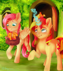 Size: 1637x1852 | Tagged: safe, artist:loladotz, character:fluttershy, character:sunset shimmer, species:pegasus, species:phoenix, species:pony, species:unicorn, bird nest, chick, duo, heart, lip bite, looking at something, looking up, magic, nest, raised hoof, sitting on head
