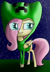 Size: 1105x1571 | Tagged: safe, artist:stormer, character:fluttershy, oc, species:pegasus, species:pony, chibi, clothing, creeper, creepershy, fangs, female, hoodie, mare, night, outdoors, solo, standing
