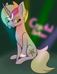 Size: 1280x1668 | Tagged: safe, artist:stormer, oc, oc only, oc:crystal star, species:pony, species:unicorn, bracelet, curved horn, glow, solo