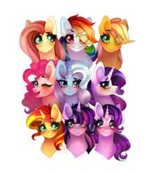 Size: 1024x1115 | Tagged: safe, artist:starshame, character:applejack, character:fluttershy, character:pinkie pie, character:rainbow dash, character:rarity, character:starlight glimmer, character:sunset shimmer, character:trixie, character:twilight sparkle, character:twilight sparkle (alicorn), species:alicorn, species:earth pony, species:pegasus, species:pony, species:unicorn, blushing, cute, eye clipping through hair, female, group, mane six, mare, simple background, transparent background